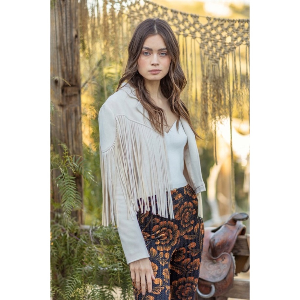 SOLD OUT Ivory Faux Leather Suede Fringe Cropped Western Boho Moto Jacket - Picture 1 of 7